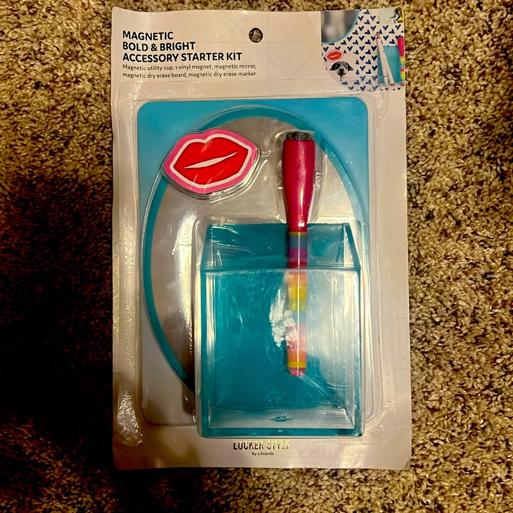 Magnetic locker accessory set.  Mirror, magnet, dry erase board, marker, cup